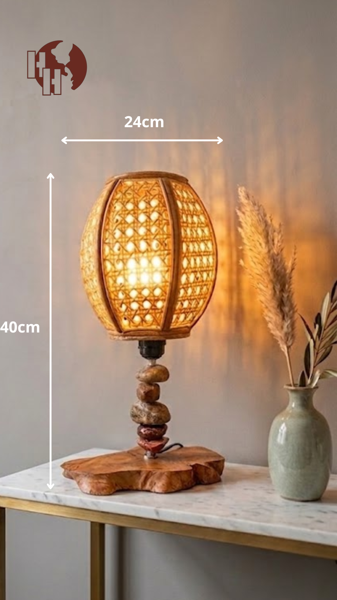 [D01] Natural River Stone & Bamboo Table Lamp with Rustic Coffee Wood Base