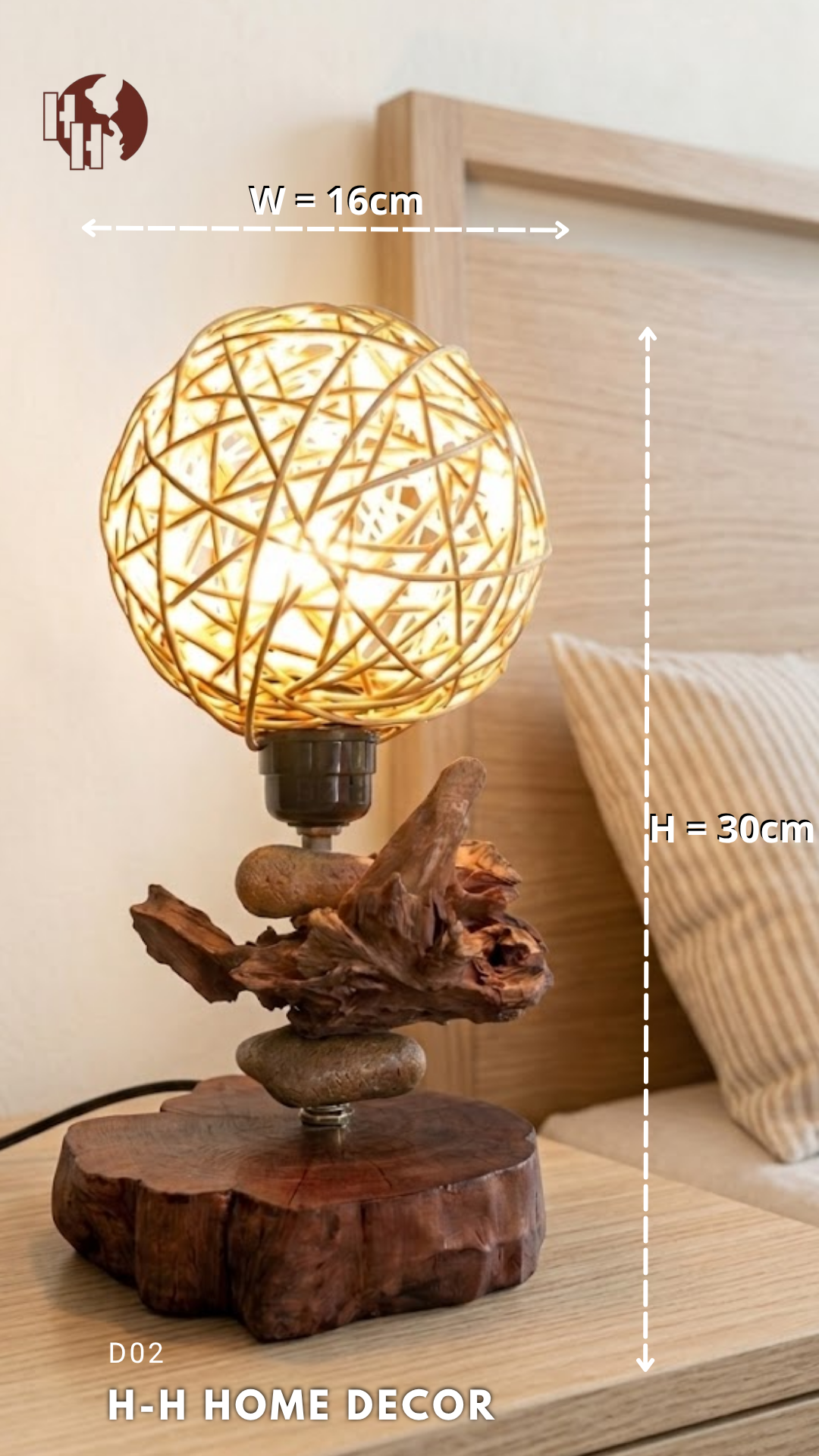 [D02] Decorative Table Lamp – Driftwood Body & Natural Woven Bamboo Shade – H-H Home Decor
