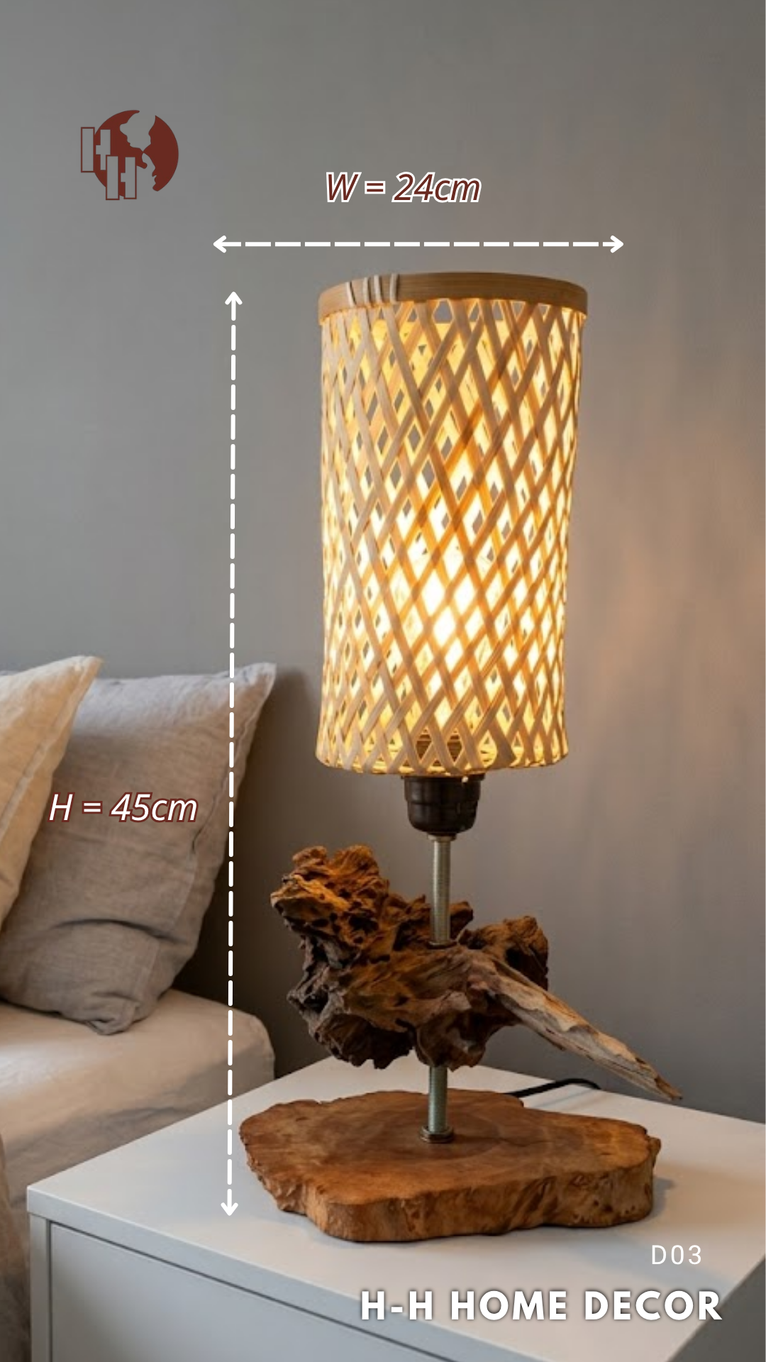[D03] H-H Home Decor Artistic Driftwood Table Lamp with Bamboo Lampshade