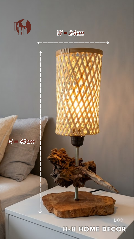 [D03] H-H Home Decor Artistic Driftwood Table Lamp with Bamboo Lampshade