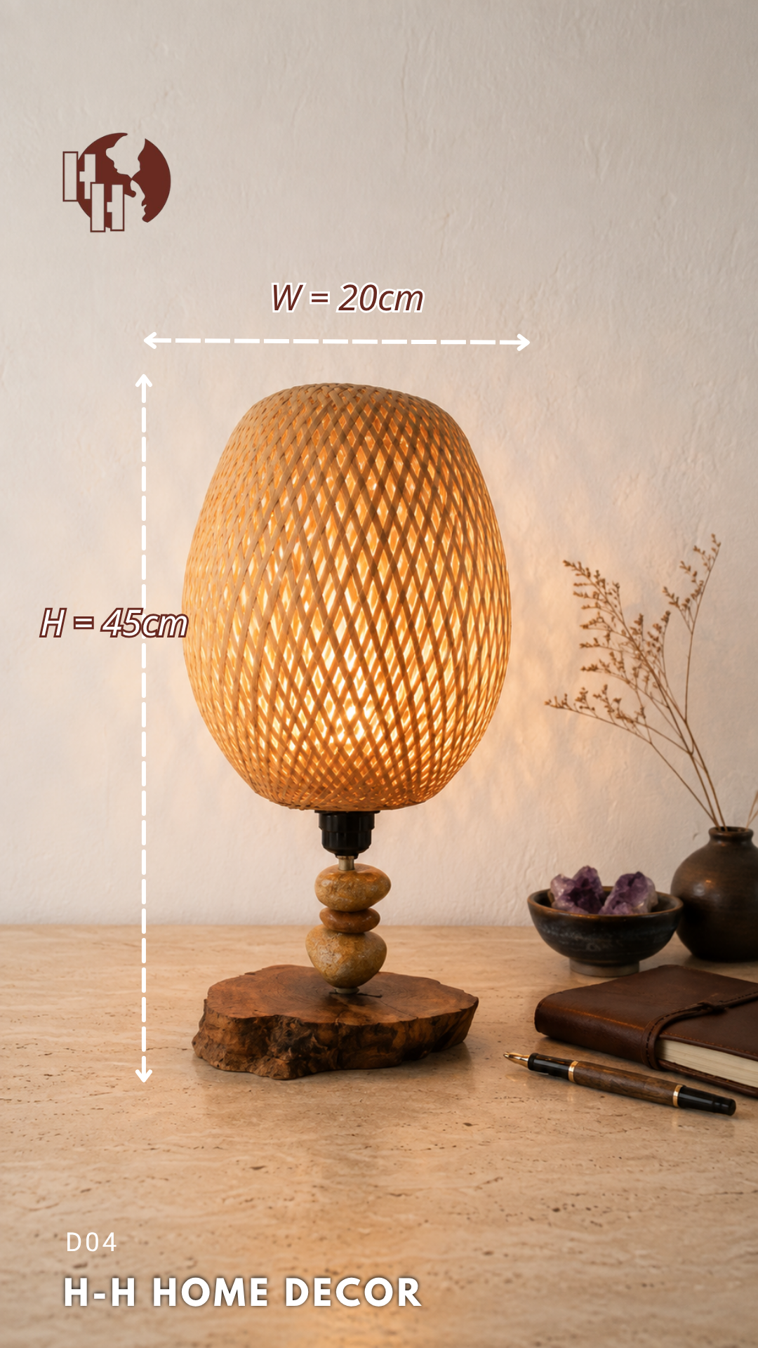 [D04] Handcrafted Art Table Lamp - Bamboo, Pebble & Coffee Wood Base