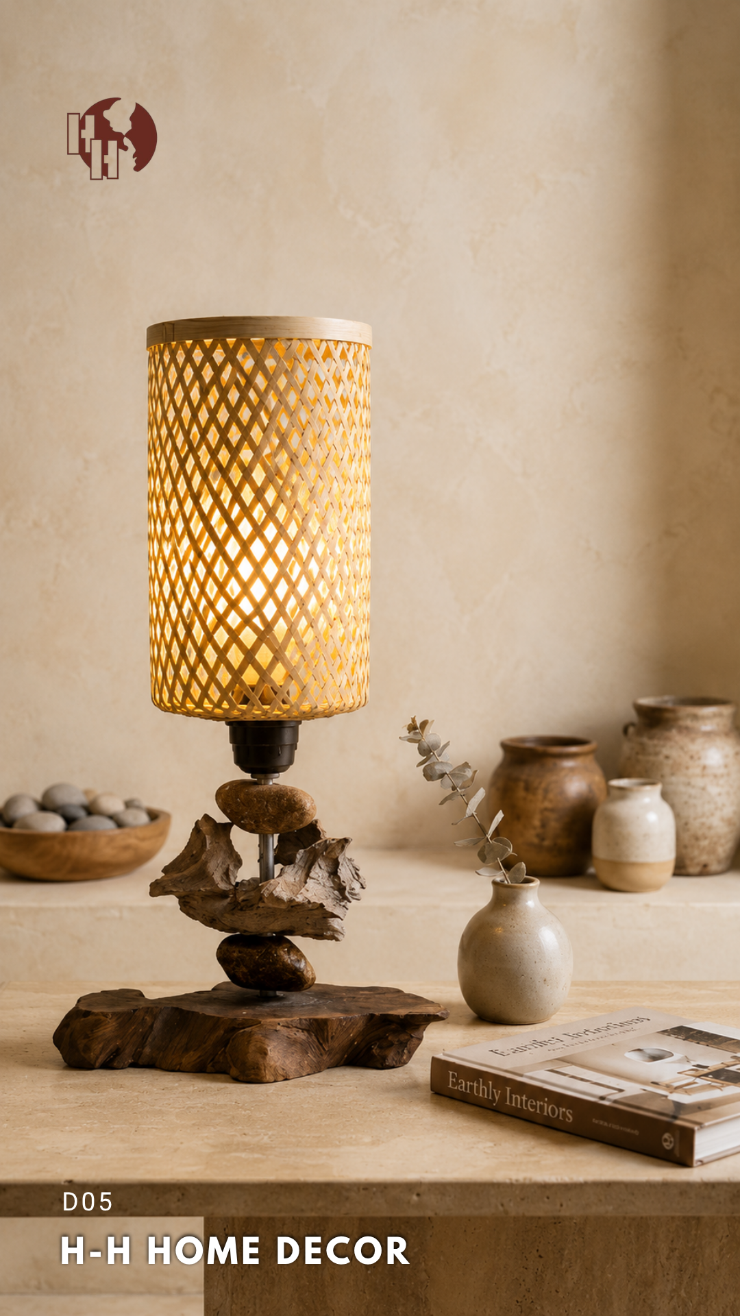 [D05] Rustic Driftwood & Bamboo Table Lamp by H-H Home Decor – Earthy Natural Lighting