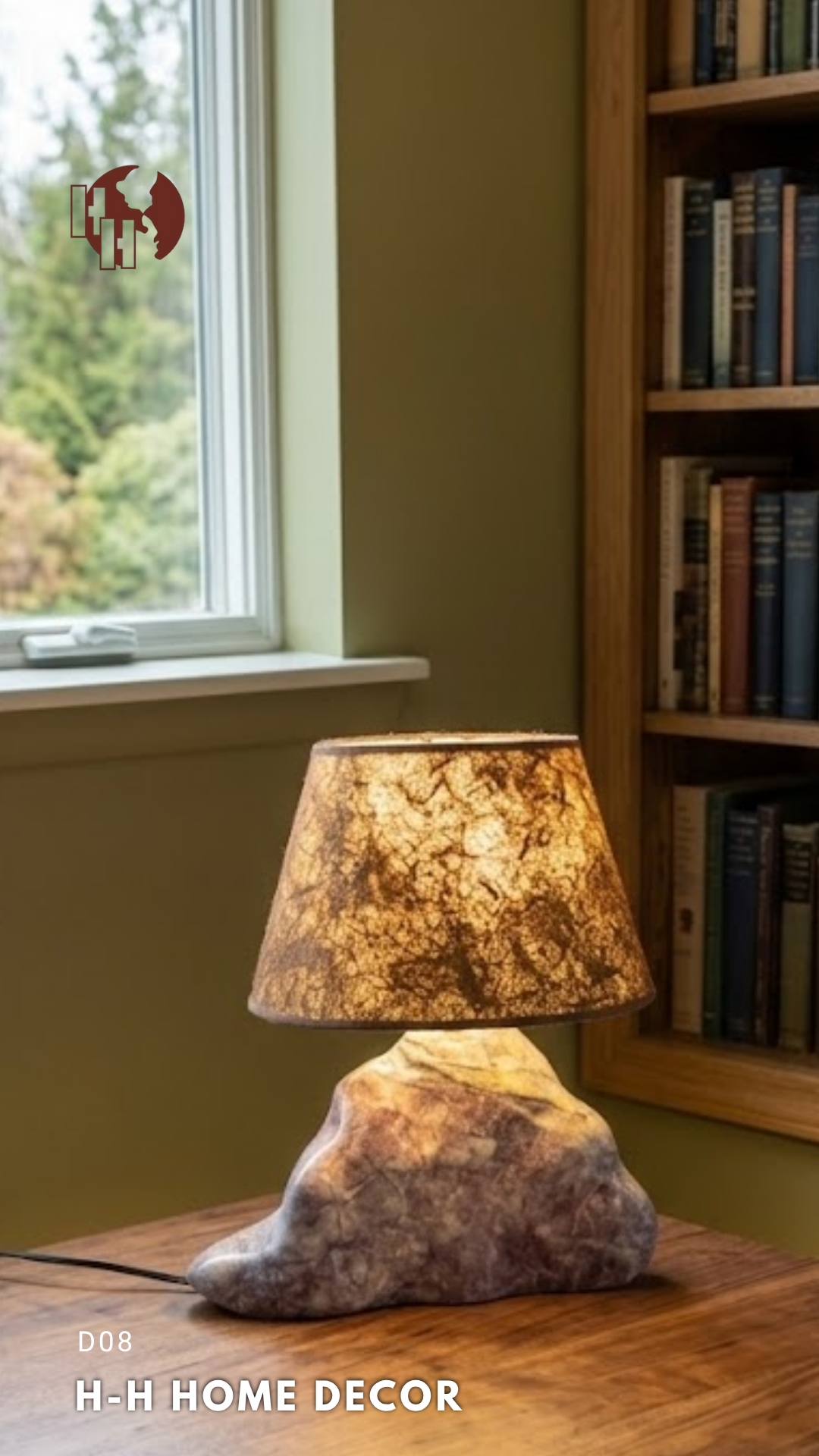 [D08] Handcrafted Natural Stone Table Lamp with Woven Fiber Shade