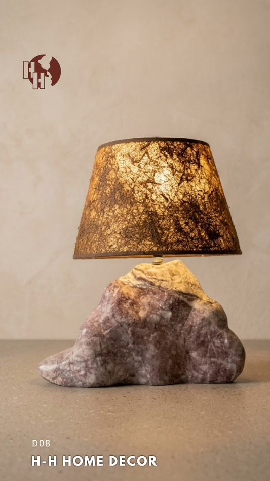 [D08] Handcrafted Natural Stone Table Lamp with Woven Fiber Shade