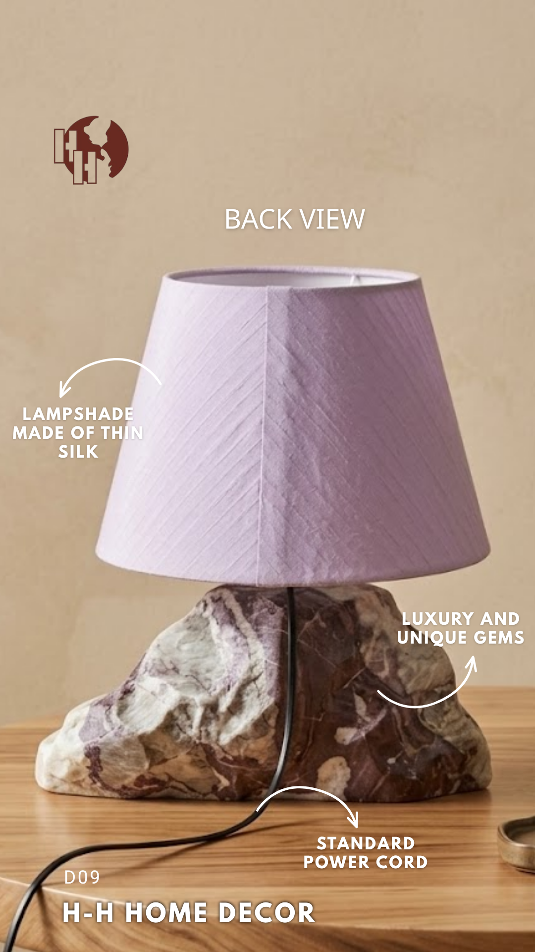 [D09] Rustic Natural Stone Table Lamp with Purple Pleated Shade