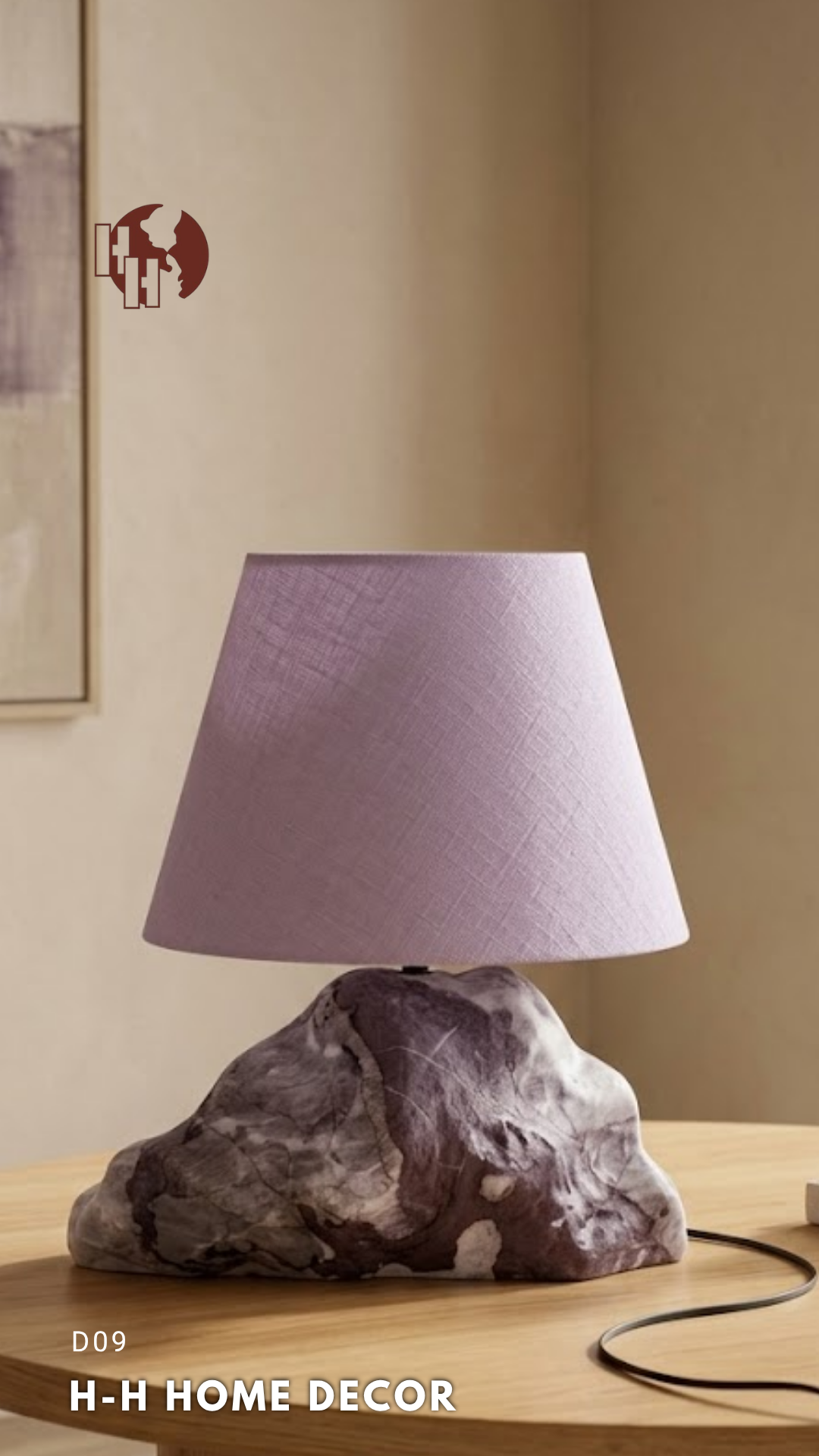 [D09] Rustic Natural Stone Table Lamp with Purple Pleated Shade