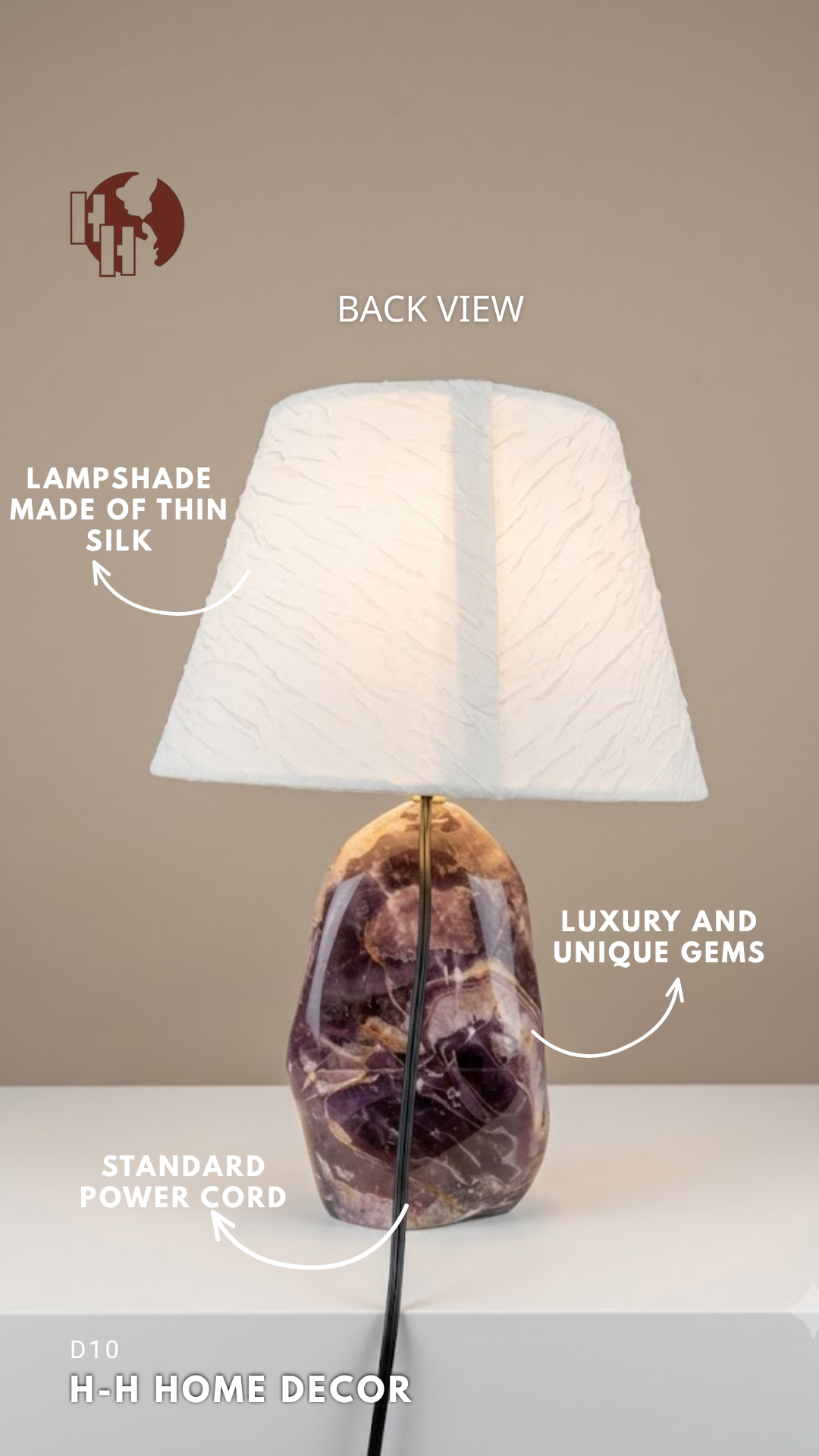 [D10] Natural Gemstone Table Lamp with Silk Lampshade, Rustic Desk Light for Living Room Decor