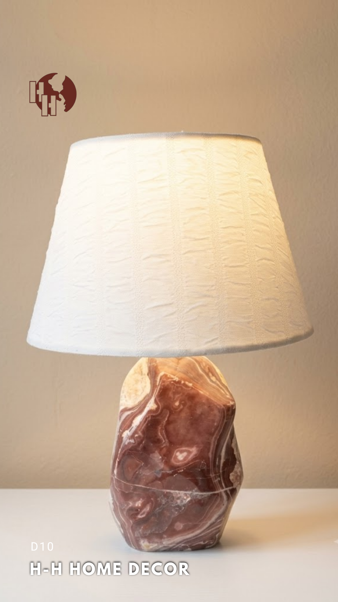 [D10] Natural Gemstone Table Lamp with Silk Lampshade, Rustic Desk Light for Living Room Decor