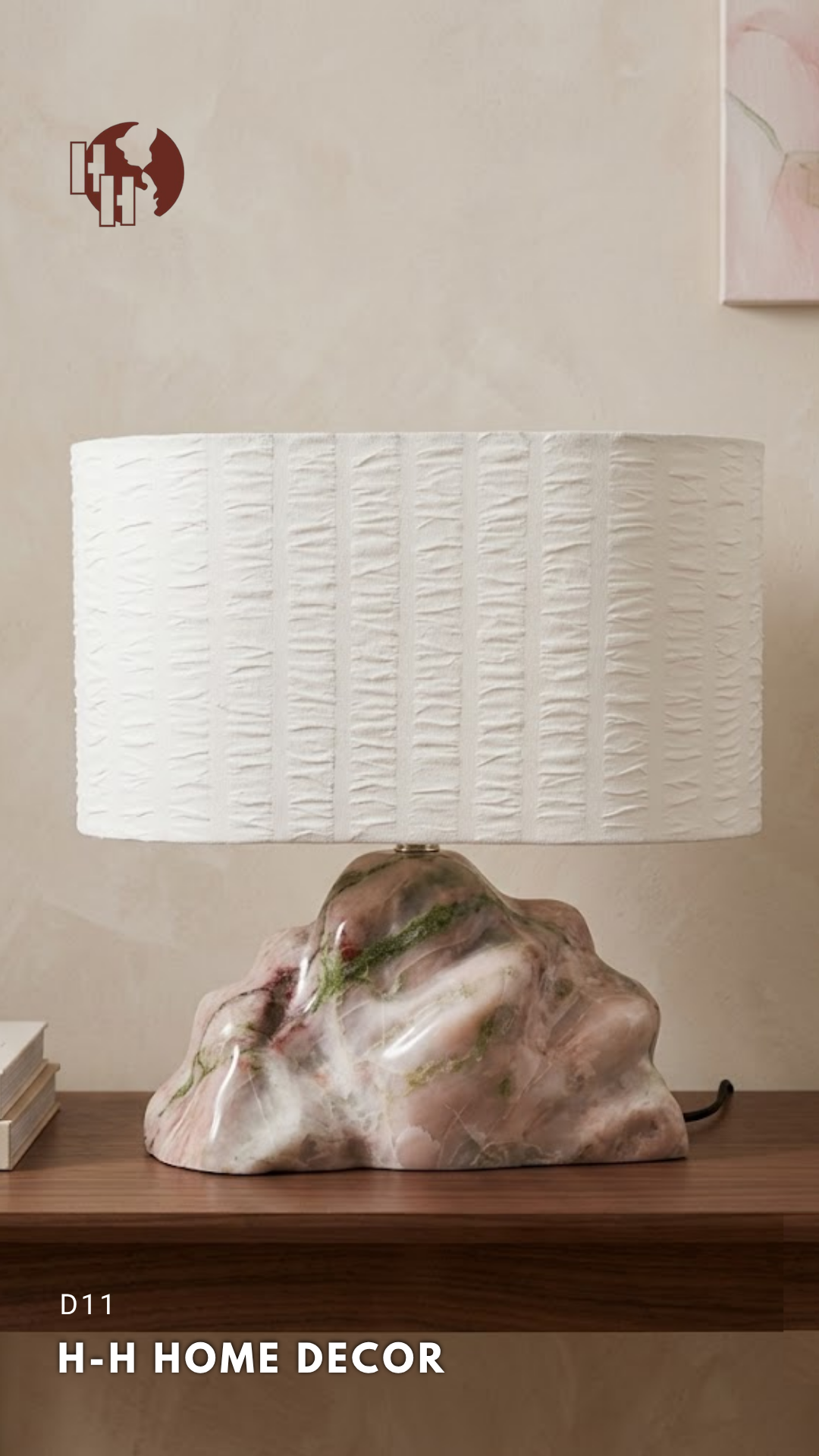 [D11] Luxury Table Lamp - Natural Gemstone Base & Pleated Silk Shade