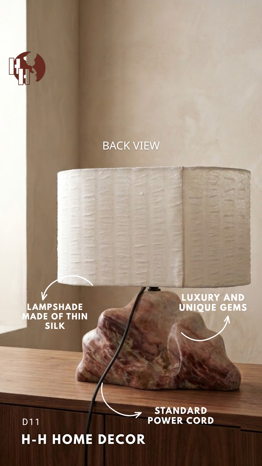 [D11] Luxury Table Lamp - Natural Gemstone Base & Pleated Silk Shade