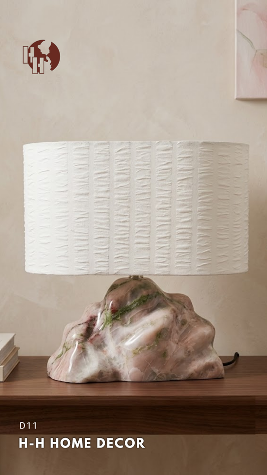 [D11] Luxury Table Lamp - Natural Gemstone Base & Pleated Silk Shade