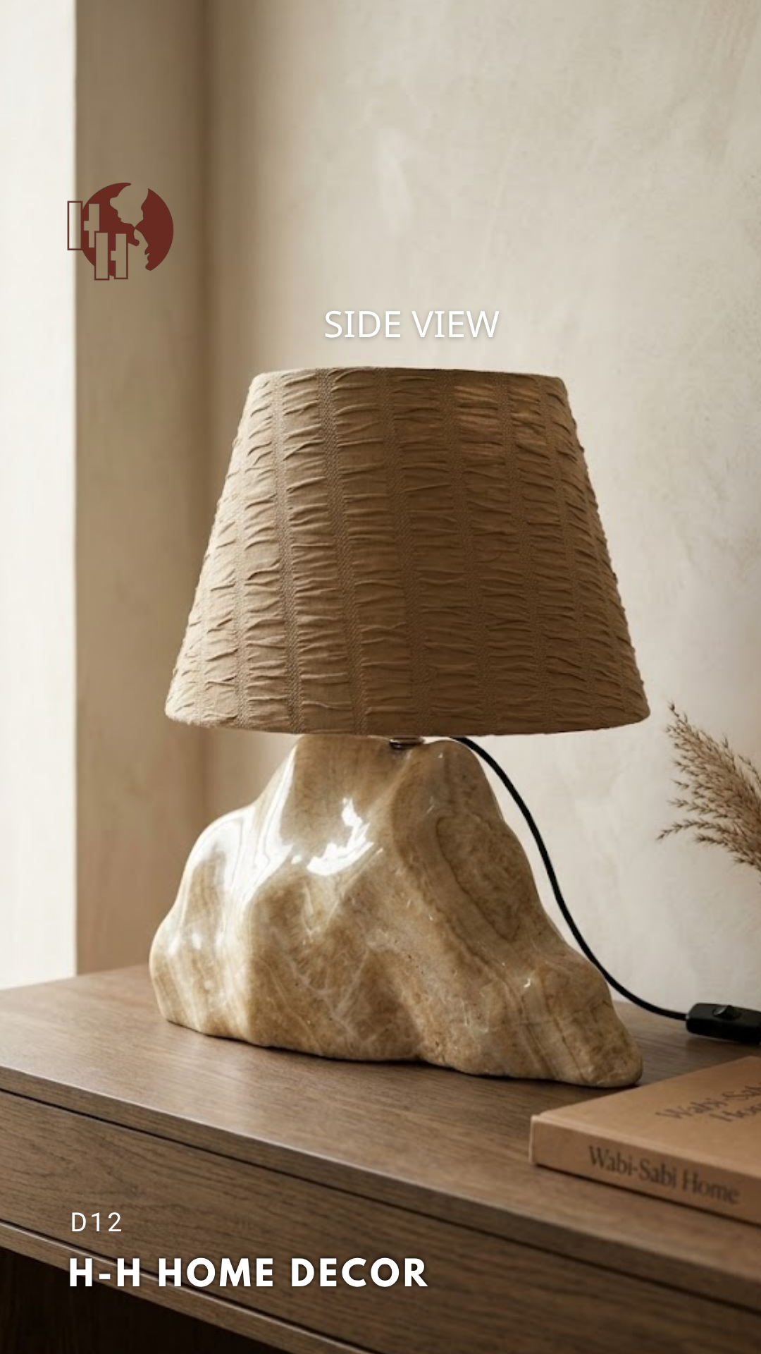 [D12] Natural Sculptural Onyx Table Lamp with Pleated Shade