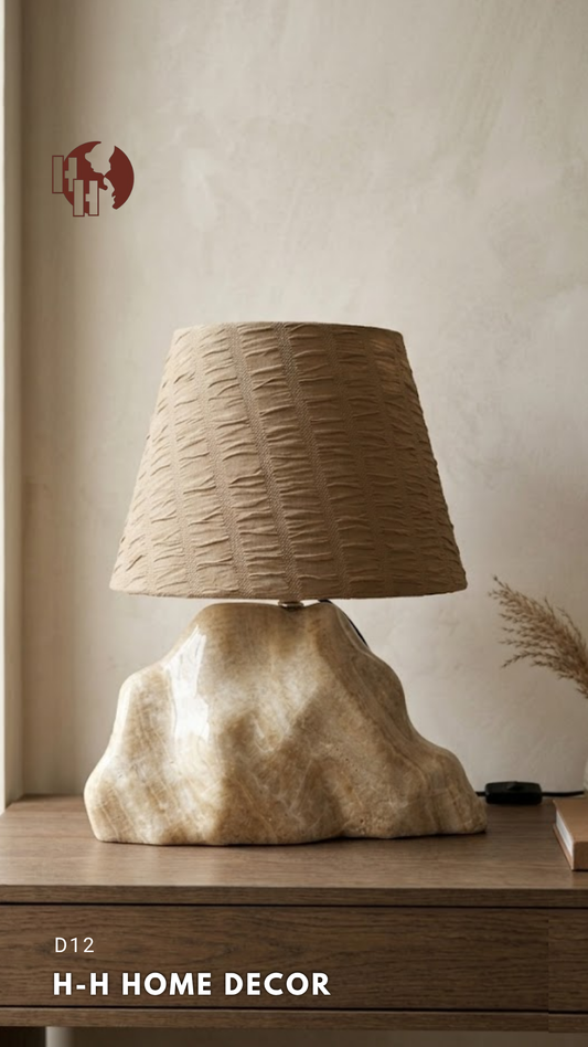 [D12] Natural Sculptural Onyx Table Lamp with Pleated Shade