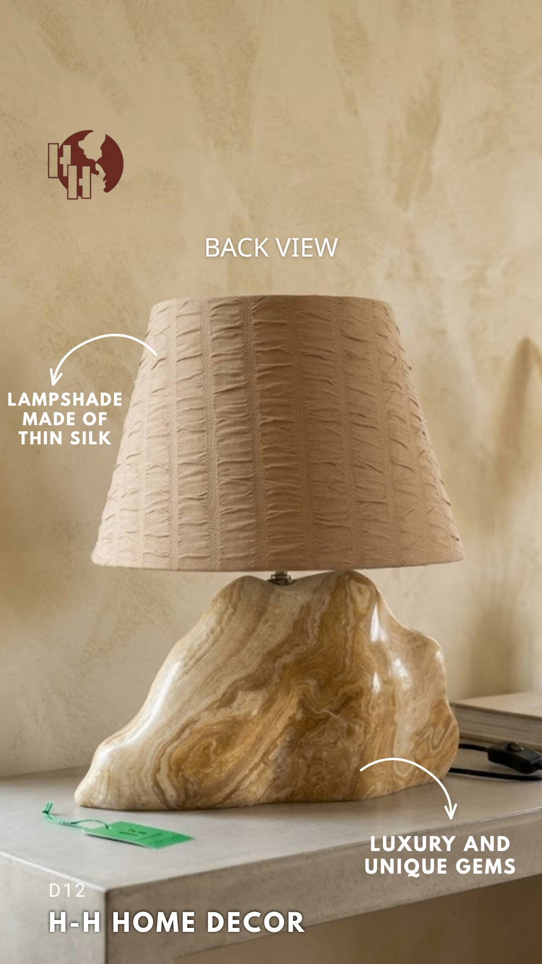 [D12] Natural Sculptural Onyx Table Lamp with Pleated Shade