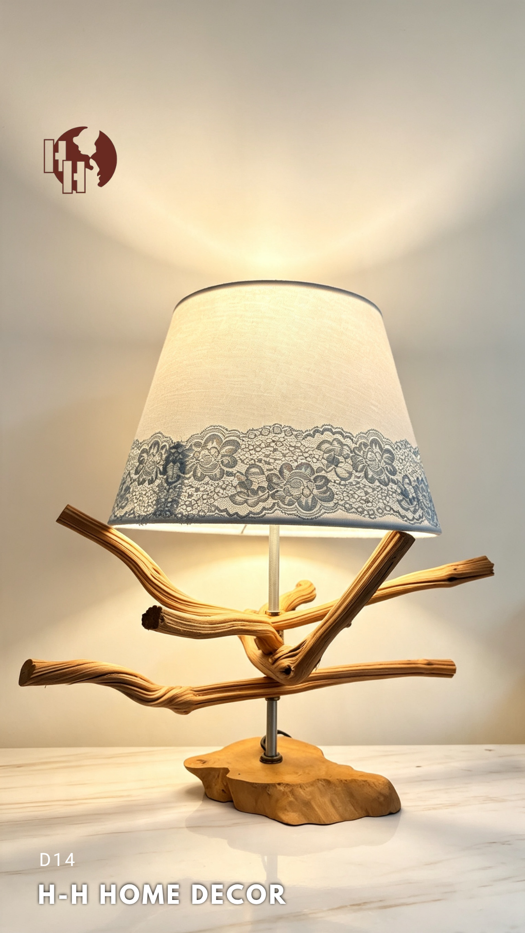 [D14] Natural Wood Art Table Lamp - Vintage Lace Fabric Shade