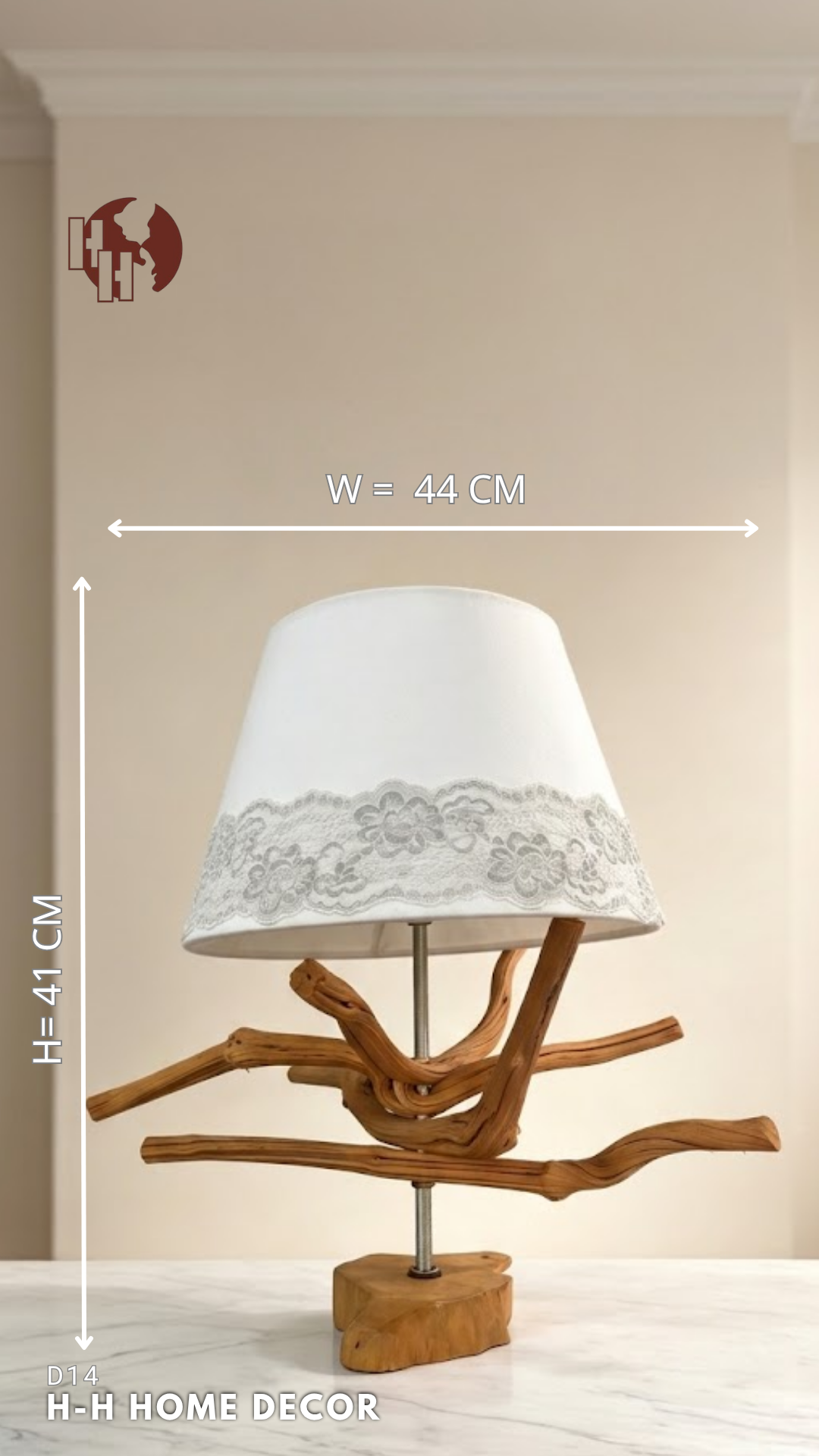 [D14] Natural Wood Art Table Lamp - Vintage Lace Fabric Shade