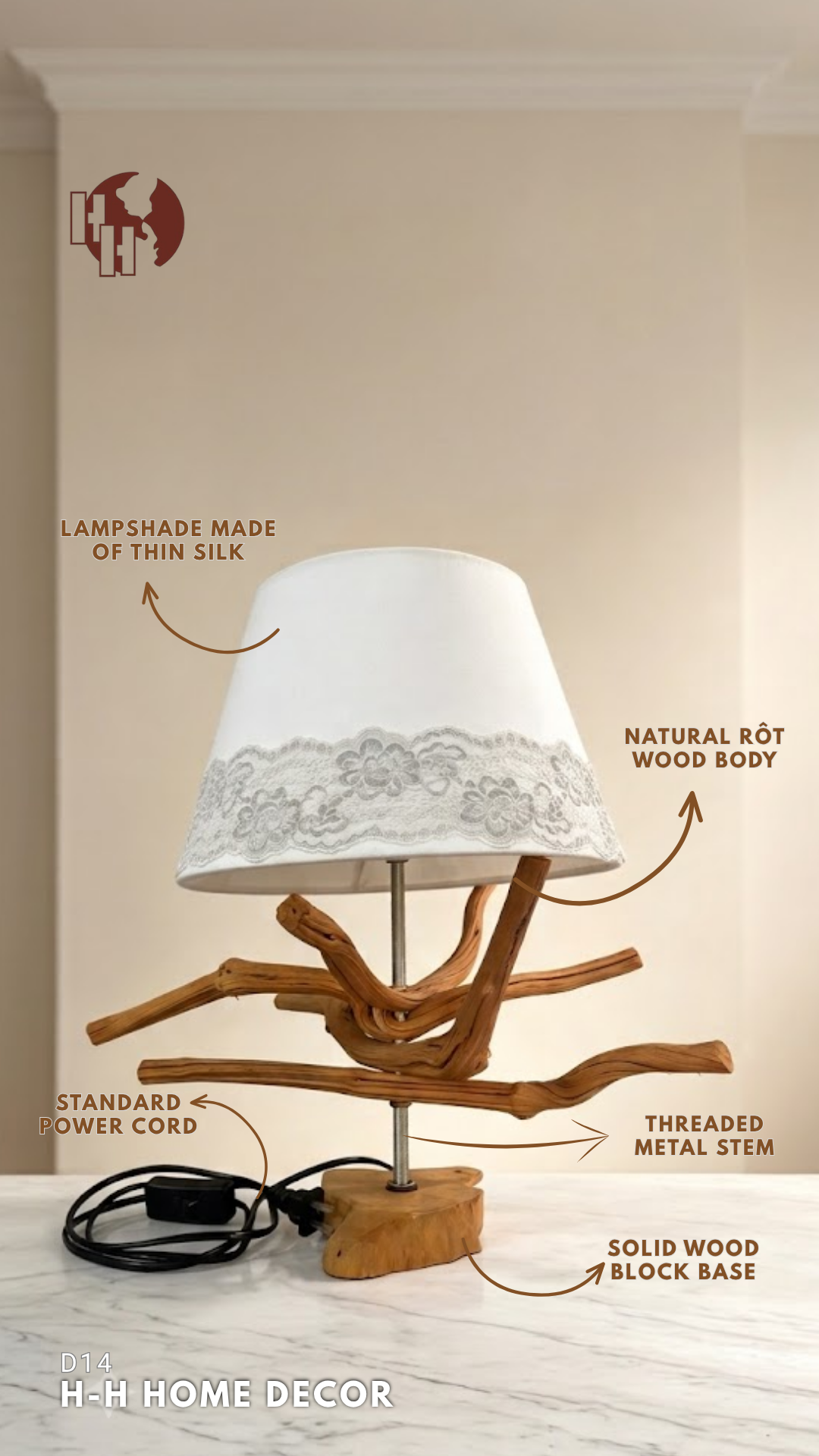 [D14] Natural Wood Art Table Lamp - Vintage Lace Fabric Shade