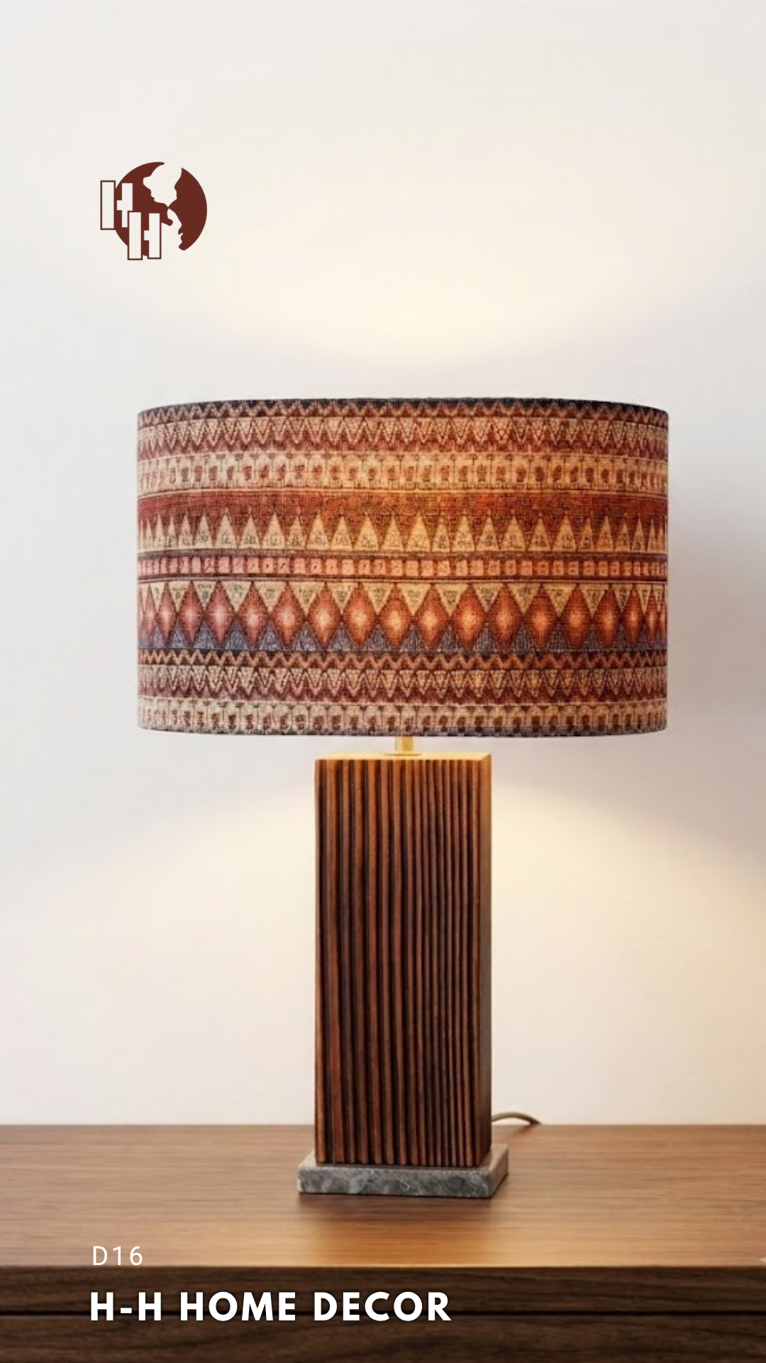 [D16] Rustic Wooden Table Lamp with Tribal Pattern Fabric Shade – H-H Home Decor