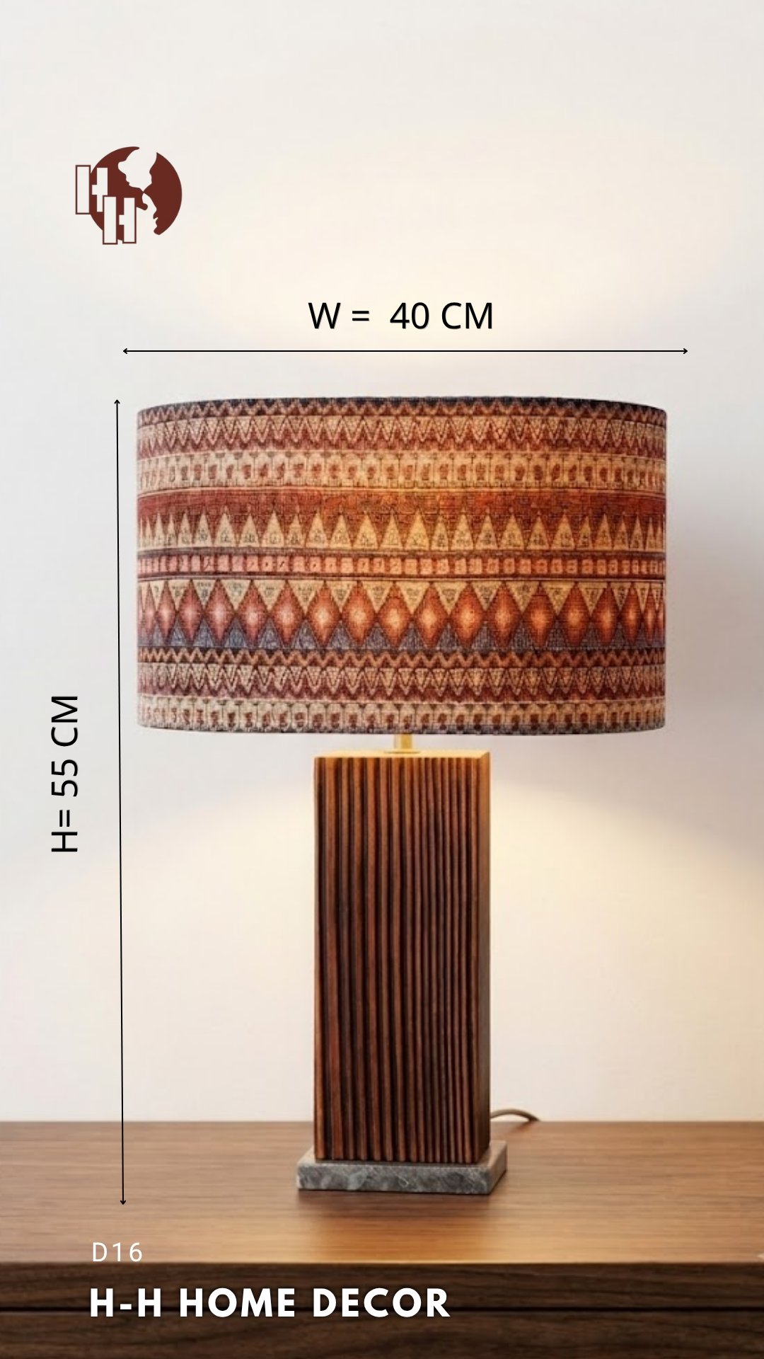 [D16] Rustic Wooden Table Lamp with Tribal Pattern Fabric Shade – H-H Home Decor