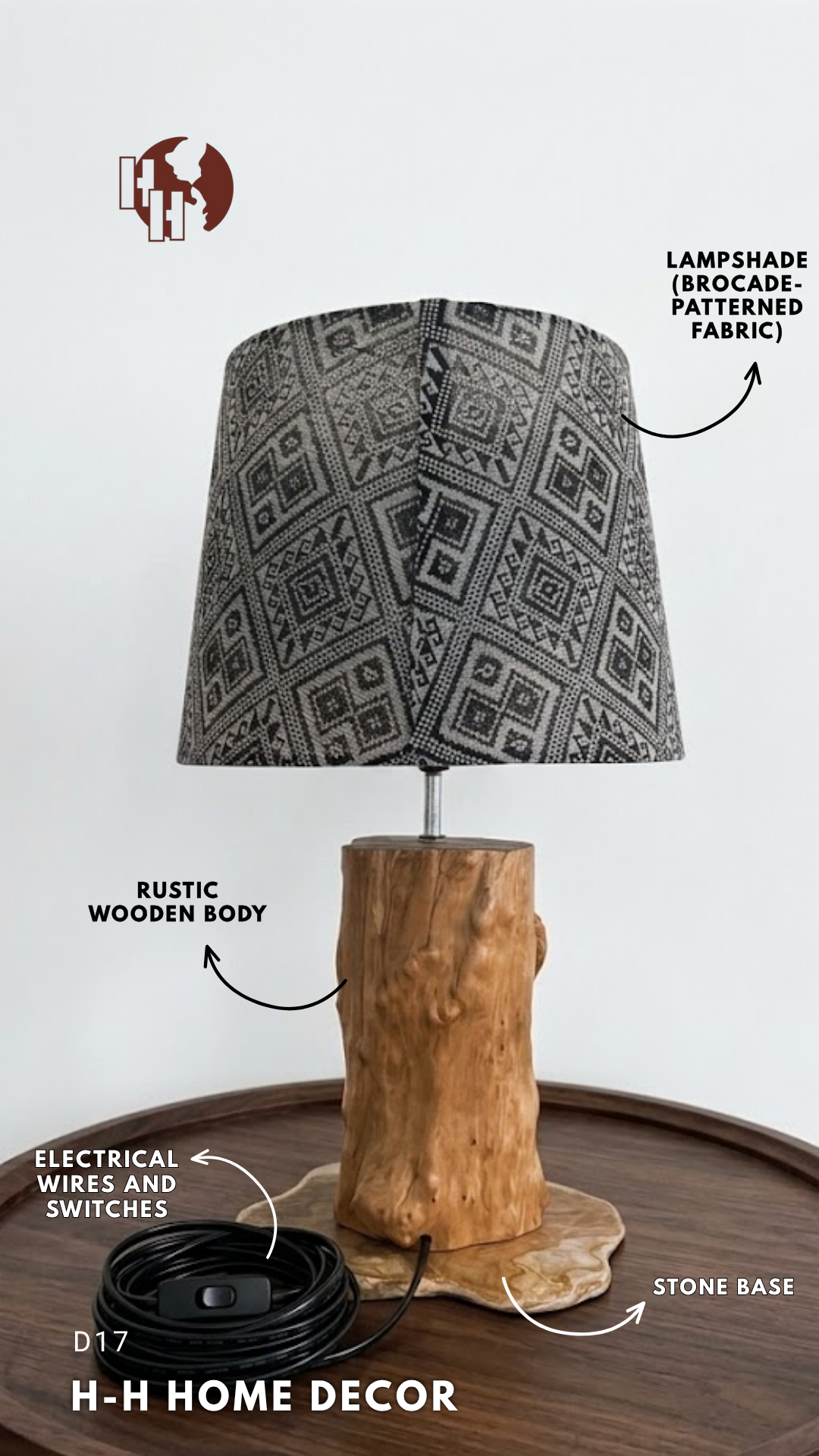 [D17] H-H Home Decor - Rustic Wooden Table Lamp with Brocade-Patterned Fabric Shade & Stone Base