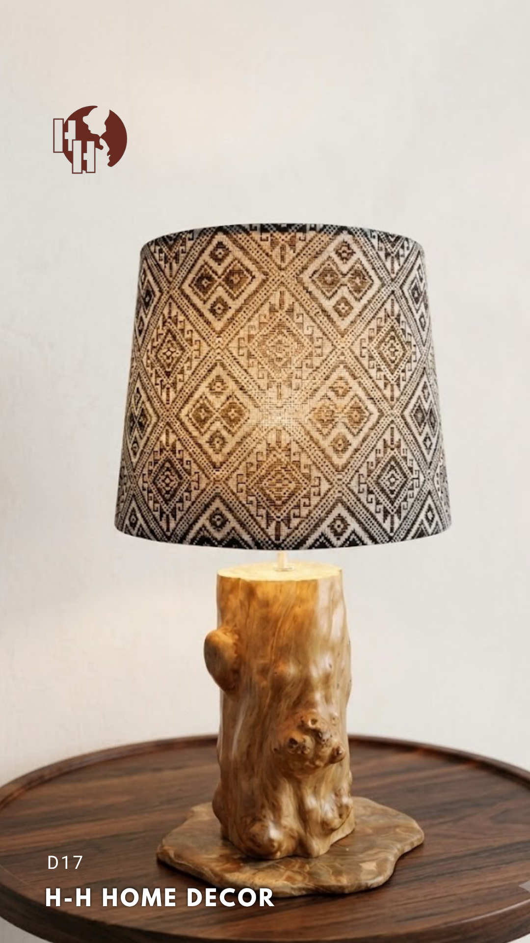 [D17] H-H Home Decor - Rustic Wooden Table Lamp with Brocade-Patterned Fabric Shade & Stone Base
