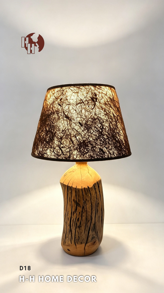 [D18] Handcrafted Rustic Solid Wood Table Lamp with Organic Fiber Shade