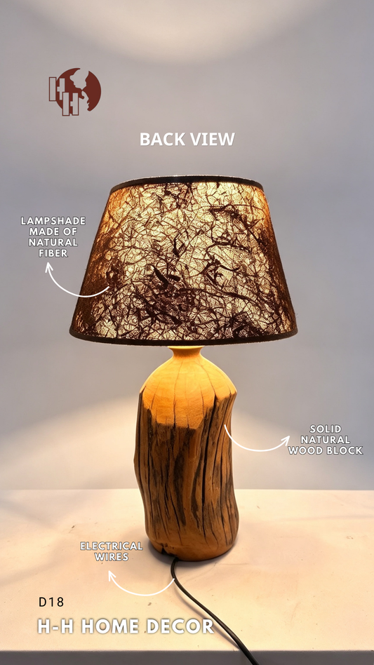 [D18] Handcrafted Rustic Solid Wood Table Lamp with Organic Fiber Shade