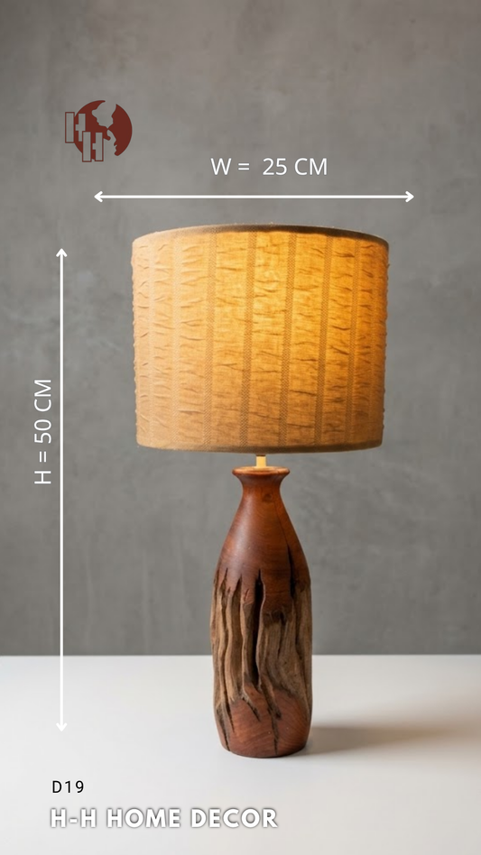 [D19] Handcrafted Rustic Wood Table Lamp - Natural Log Base with Warm Textured Shade