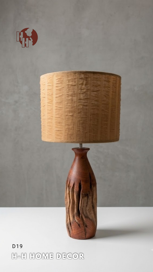 [D19] Handcrafted Rustic Wood Table Lamp - Natural Log Base with Warm Textured Shade