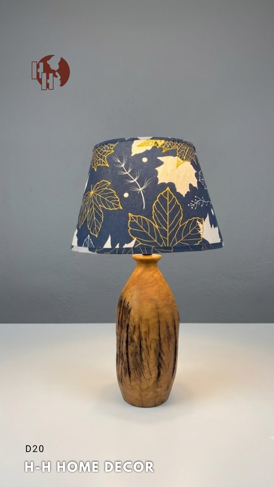 [D20] Handcrafted Rustic Wooden Table Lamp with Botanical Leaf Fabric Shade