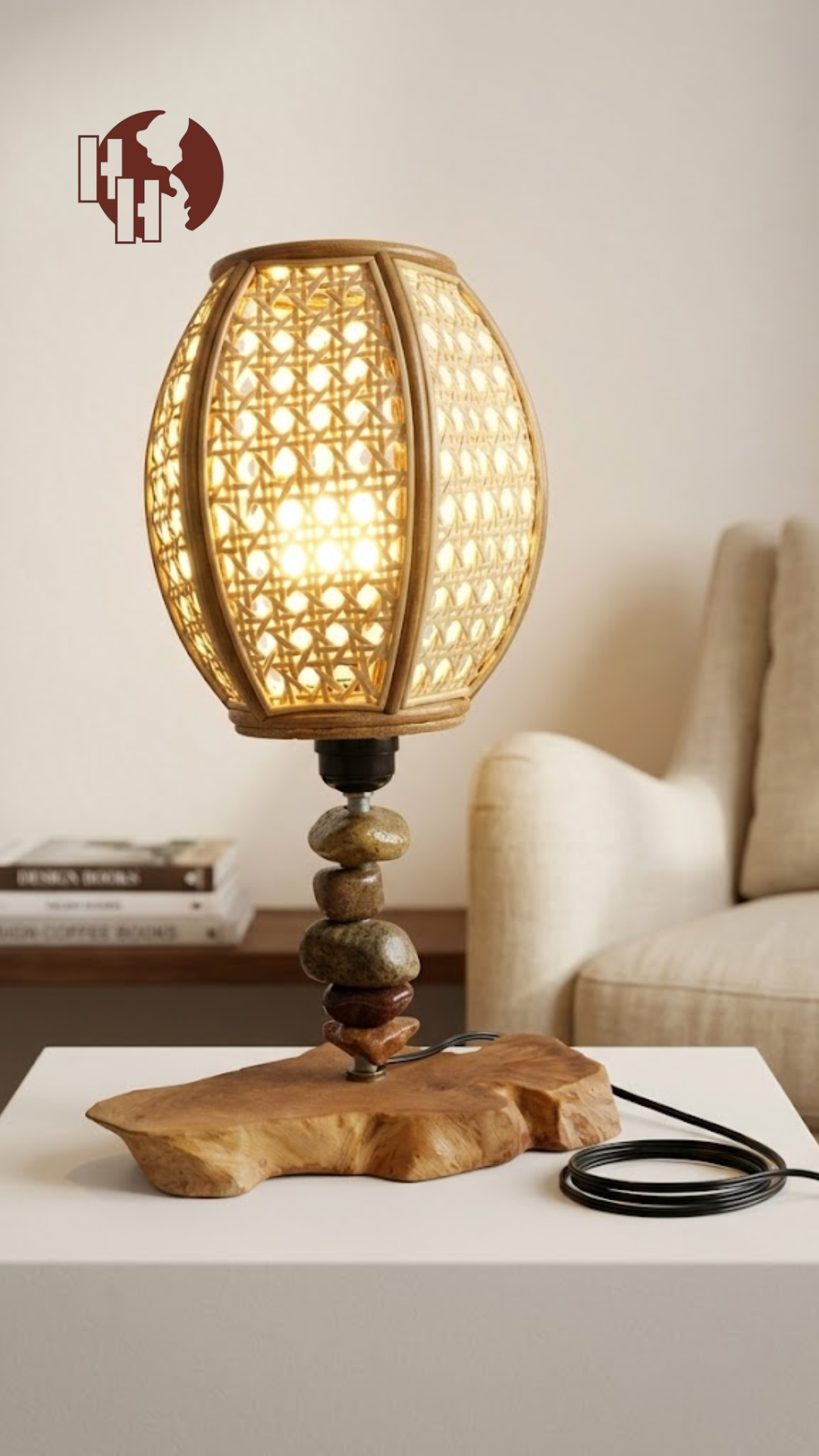 [D01] Natural River Stone & Bamboo Table Lamp with Rustic Coffee Wood Base