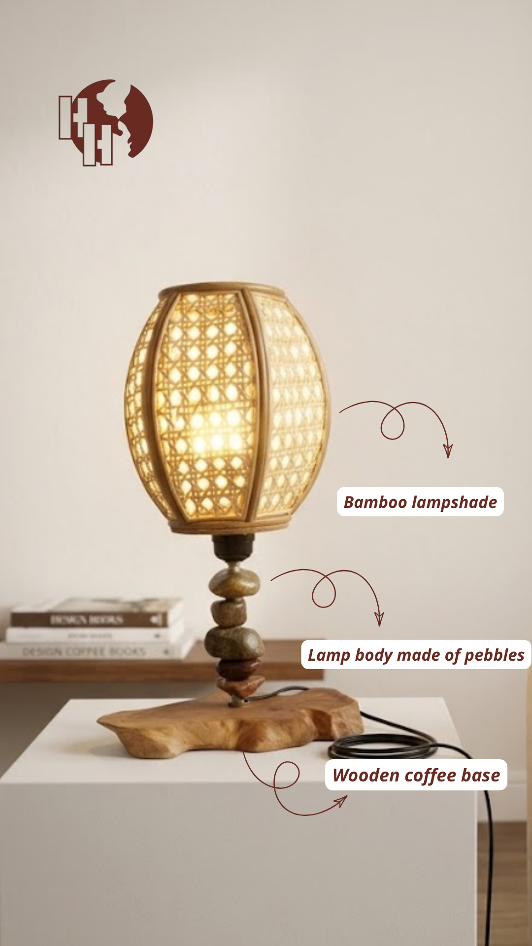 [D01] Natural River Stone & Bamboo Table Lamp with Rustic Coffee Wood Base