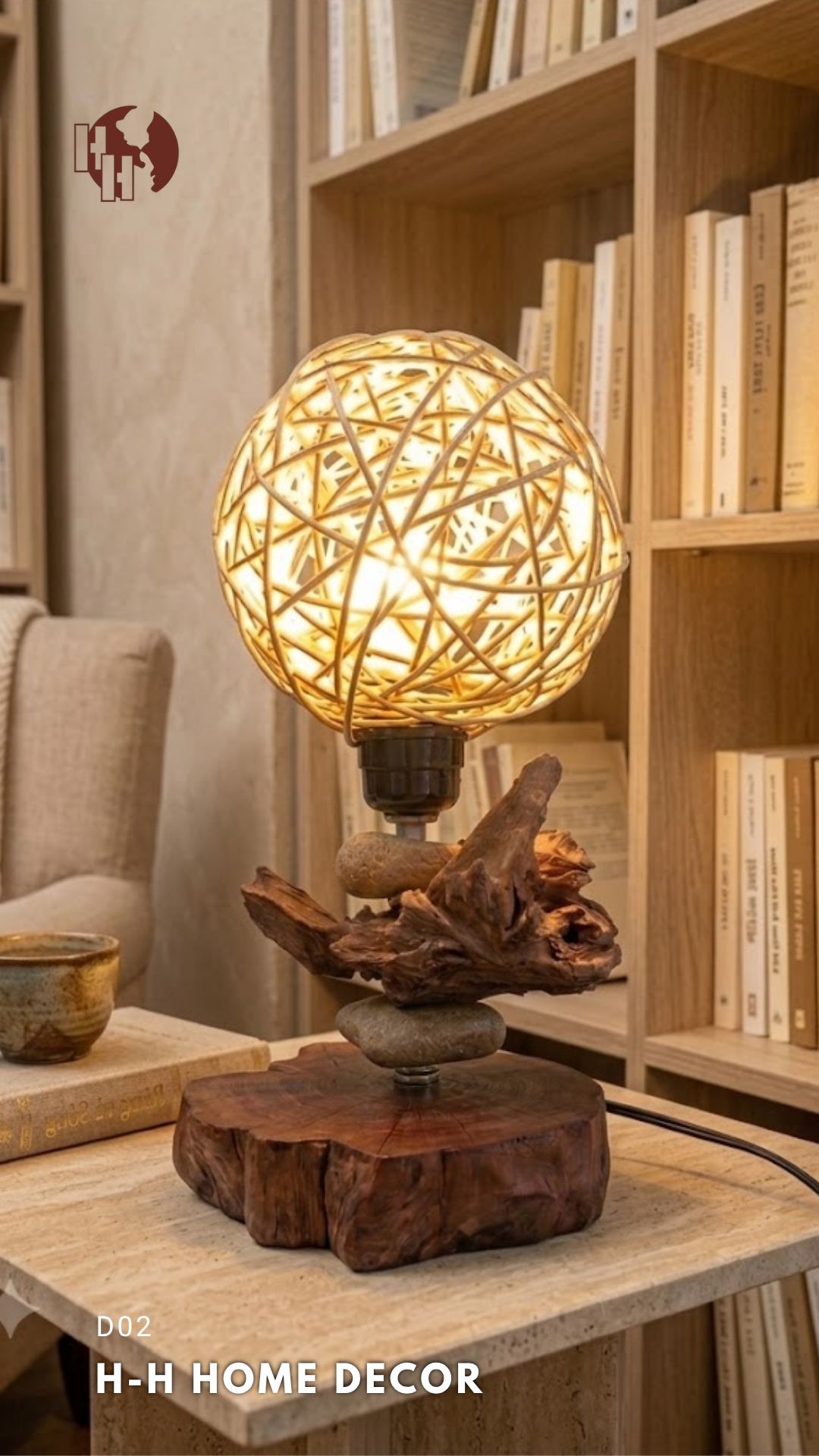 [D02] Decorative Table Lamp – Driftwood Body & Natural Woven Bamboo Shade – H-H Home Decor