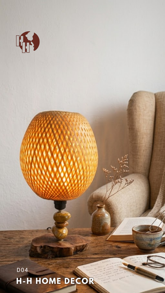 [D04] Handcrafted Art Table Lamp - Bamboo, Pebble & Coffee Wood Base