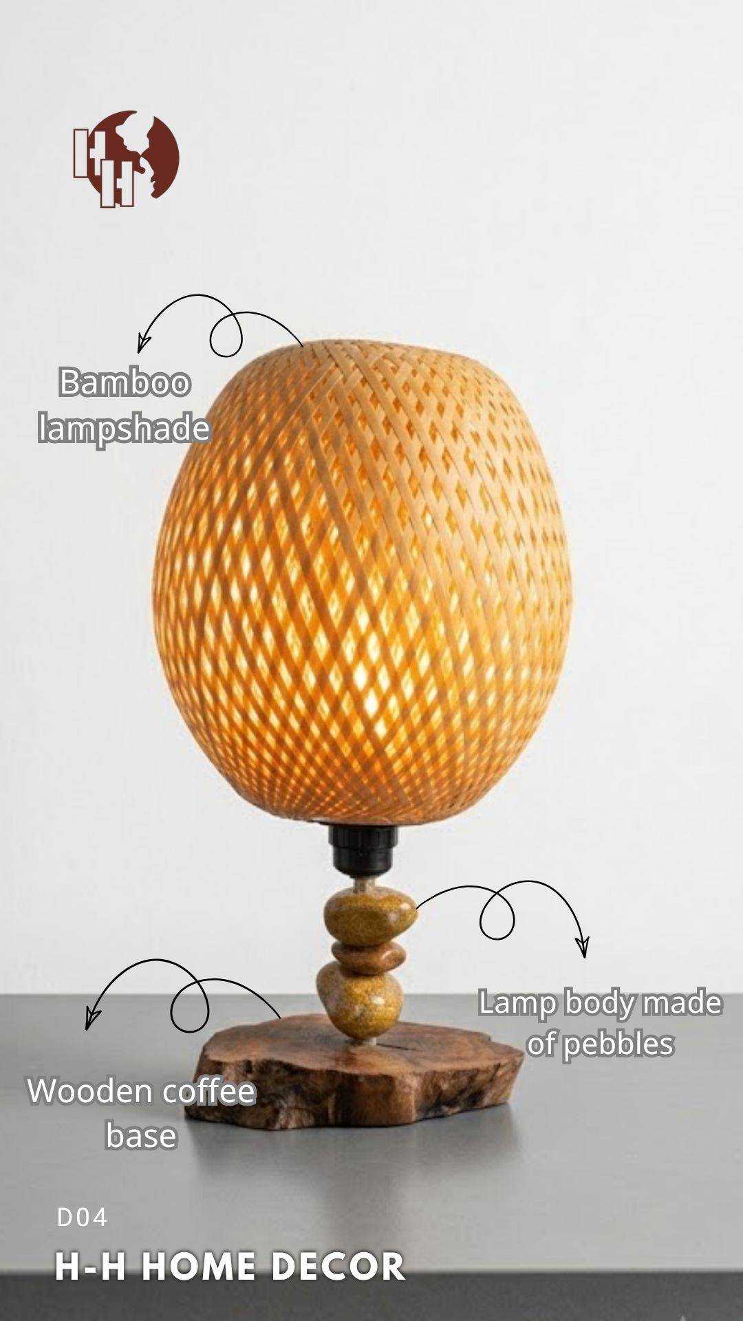 [D04] Handcrafted Art Table Lamp - Bamboo, Pebble & Coffee Wood Base