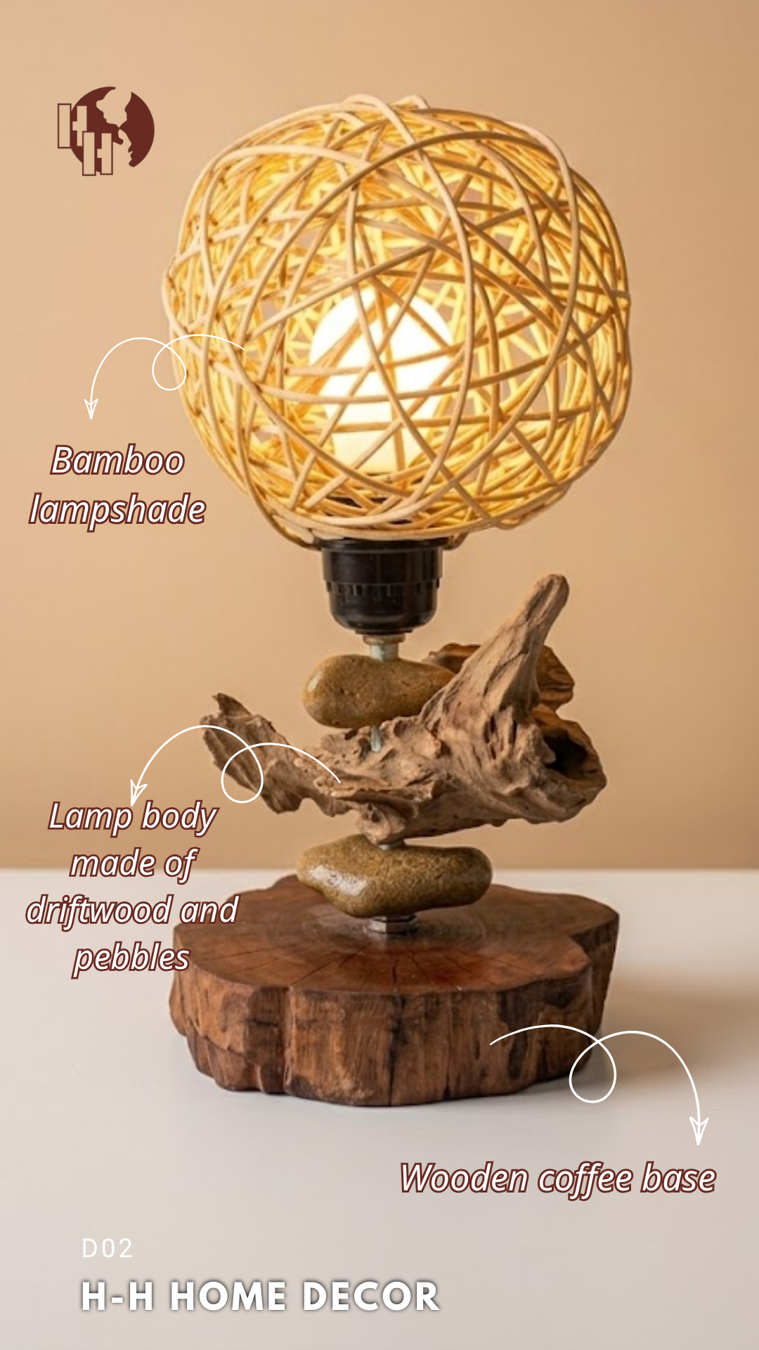 [D02] Decorative Table Lamp – Driftwood Body & Natural Woven Bamboo Shade – H-H Home Decor