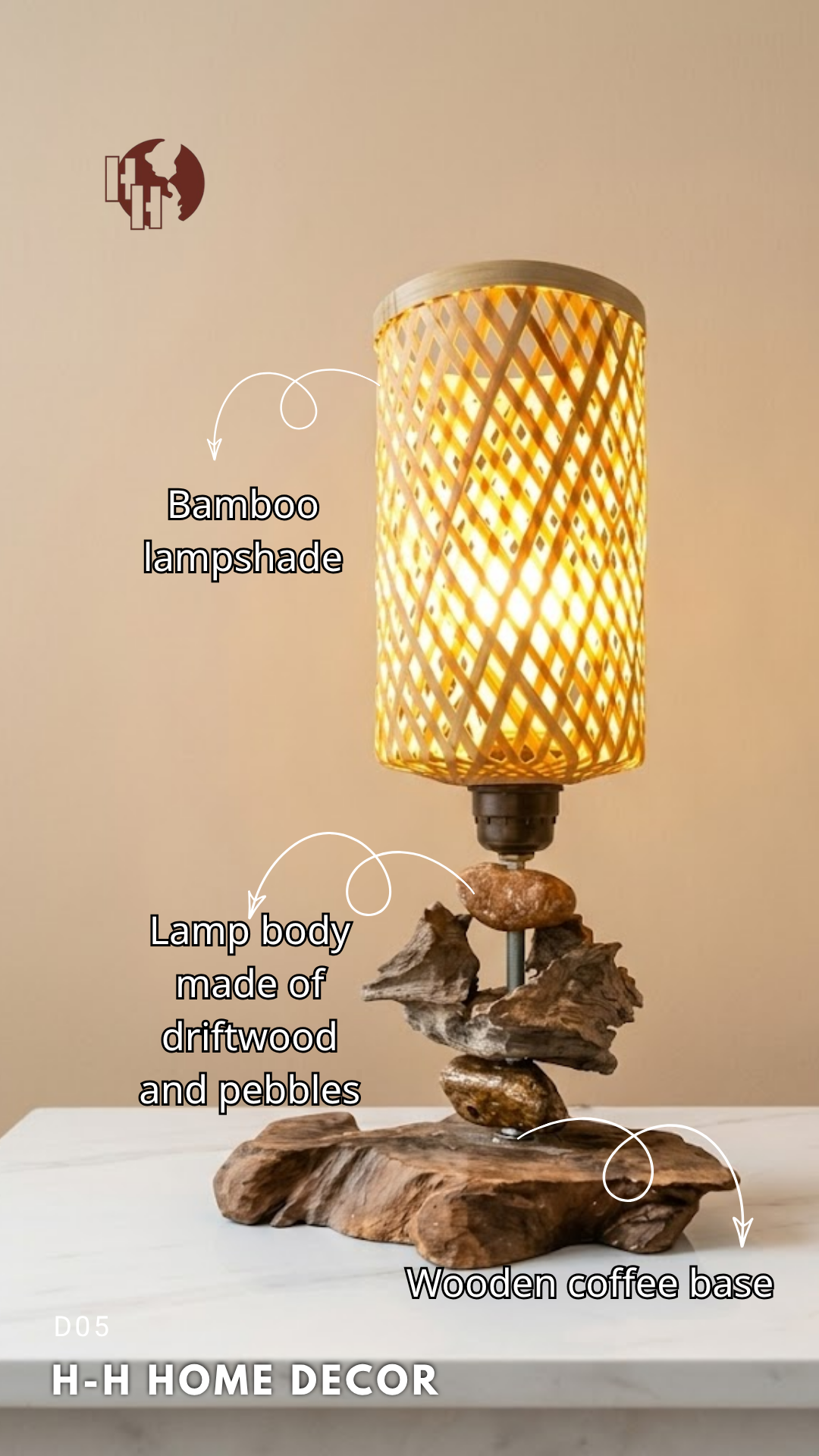 [D05] Rustic Driftwood & Bamboo Table Lamp by H-H Home Decor – Earthy Natural Lighting