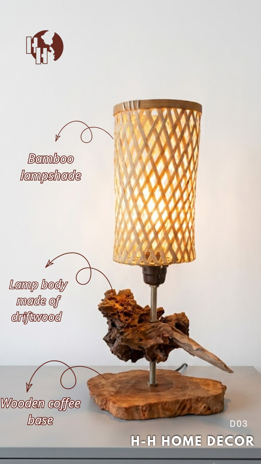 [D03] H-H Home Decor Artistic Driftwood Table Lamp with Bamboo Lampshade