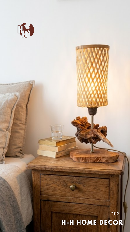 [D03] H-H Home Decor Artistic Driftwood Table Lamp with Bamboo Lampshade