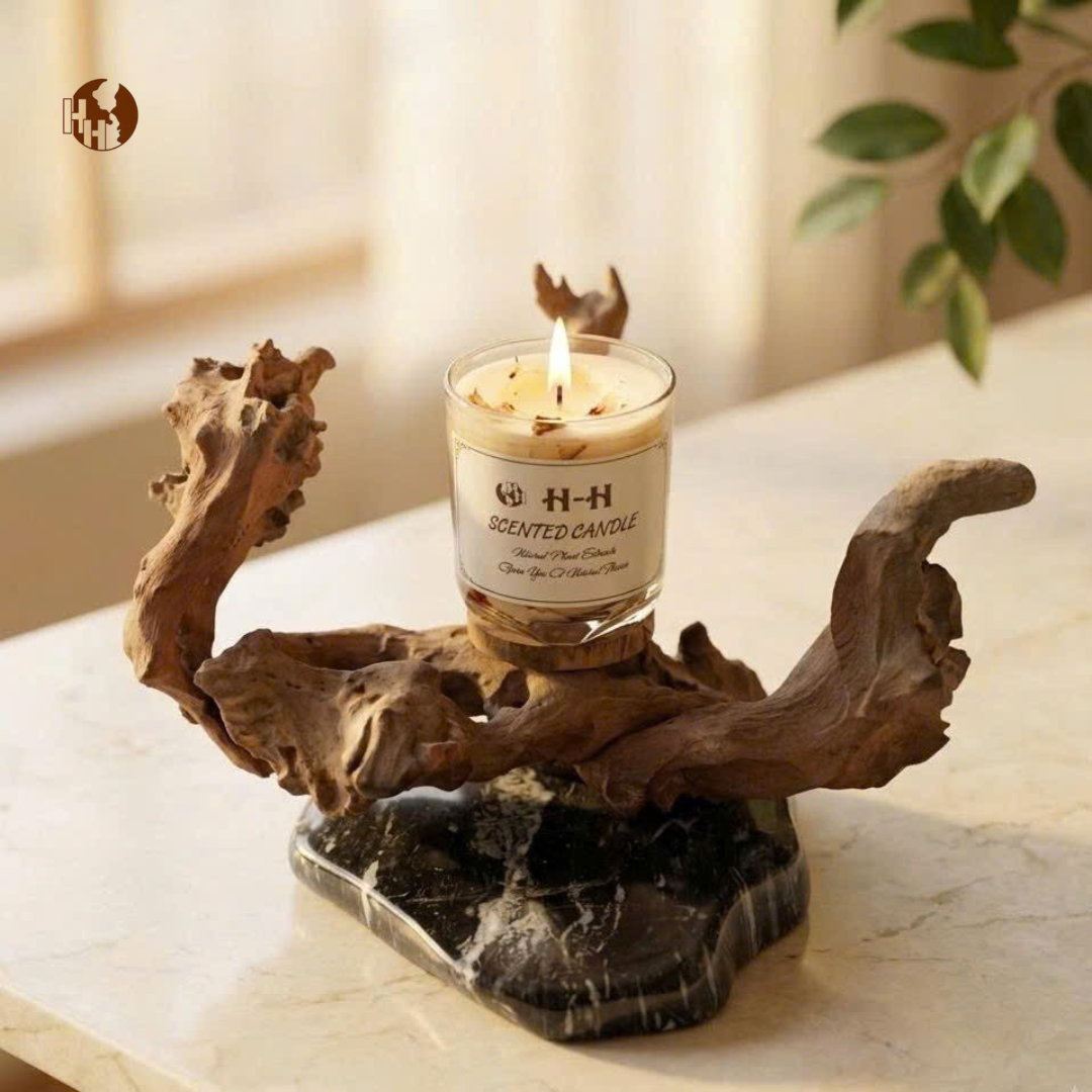 [N01] Rustic Natural Wood & Stone Candle Holder – Unique Home Decor & Gift