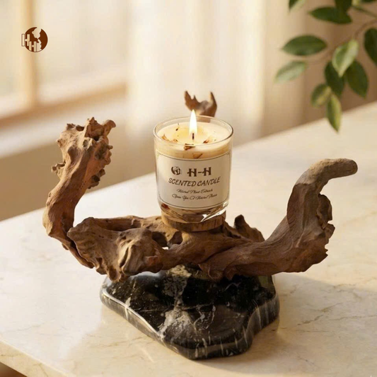 [N01] Rustic Natural Wood & Stone Candle Holder – Unique Home Decor & Gift