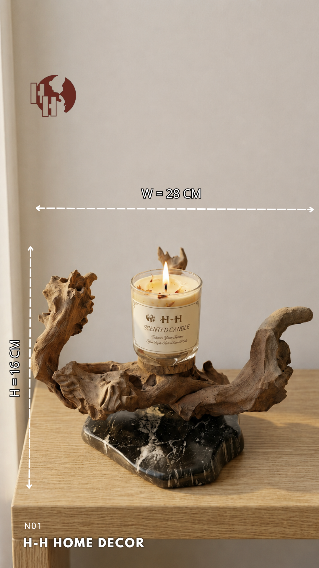 [N01] Rustic Natural Wood & Stone Candle Holder – Unique Home Decor & Gift