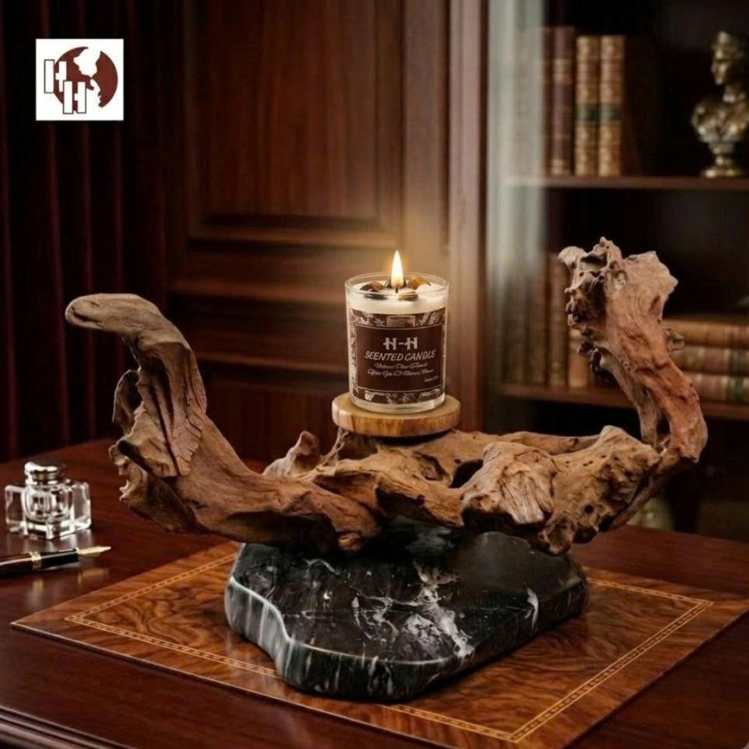 [N01] Rustic Natural Wood & Stone Candle Holder – Unique Home Decor & Gift