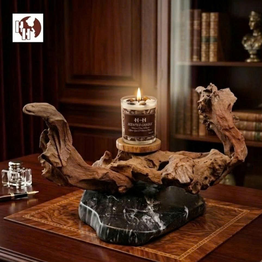 [N01] Rustic Natural Wood & Stone Candle Holder – Unique Home Decor & Gift