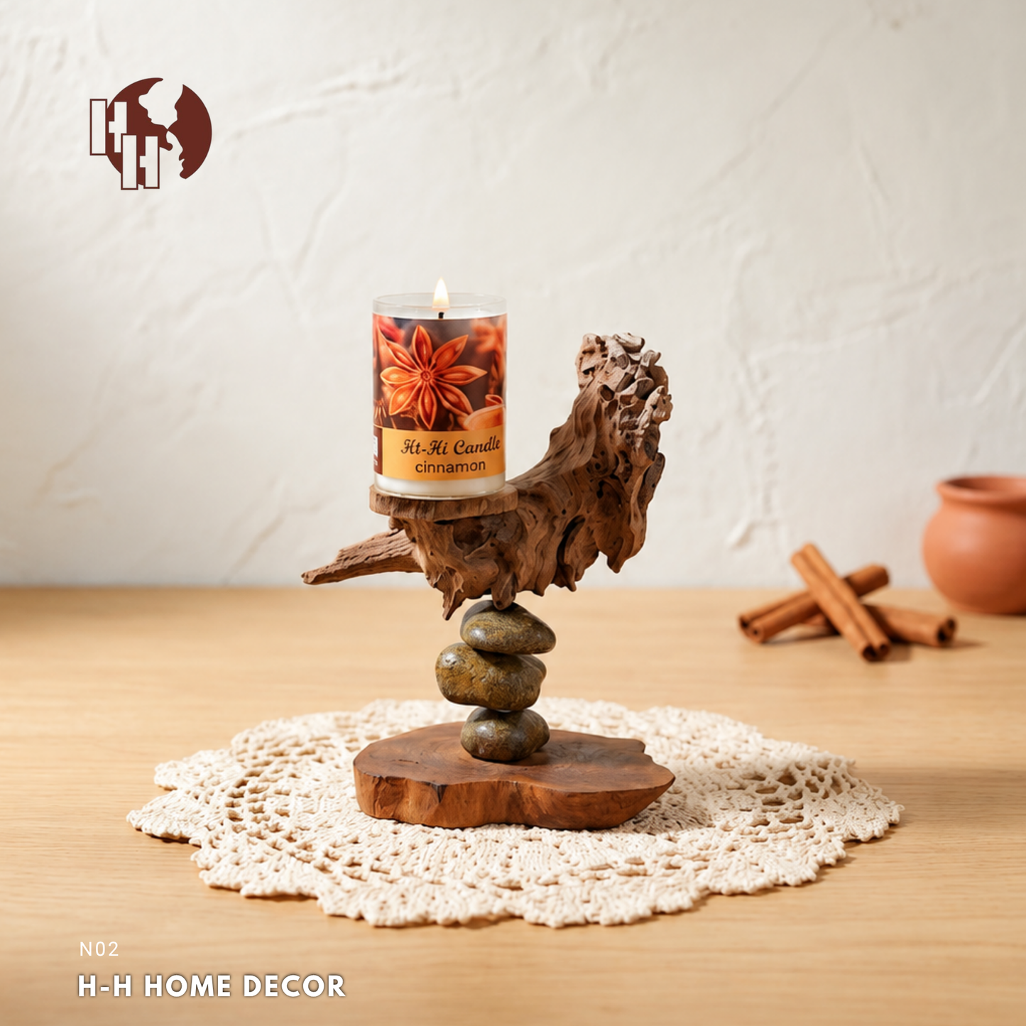 [N02] H-H Zen Stone Driftwood Candle Holder