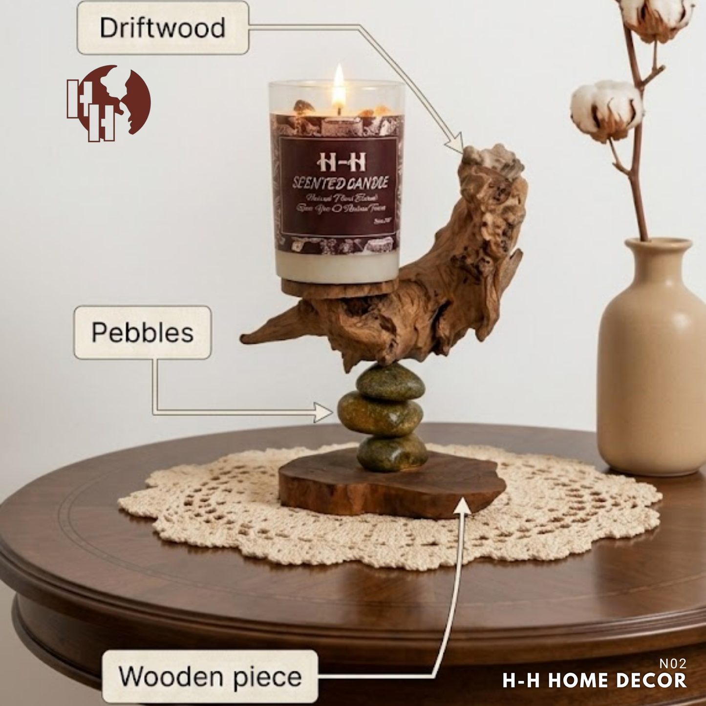 [N02] H-H Zen Stone Driftwood Candle Holder