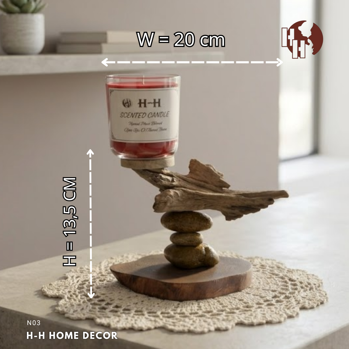 [N03] Rustic Driftwood & Zen Rock Candle Holder Set | H-H Candle Included