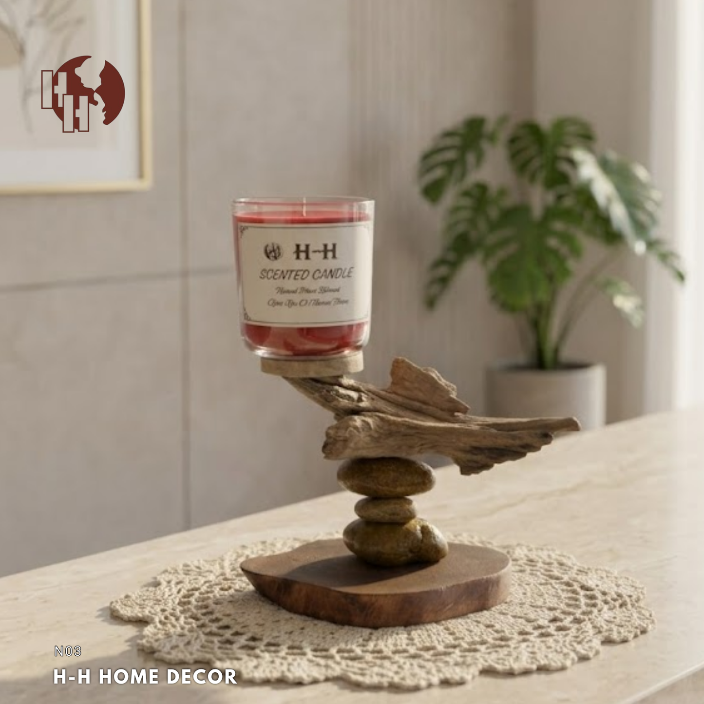 [N03] Rustic Driftwood & Zen Rock Candle Holder Set | H-H Candle Included