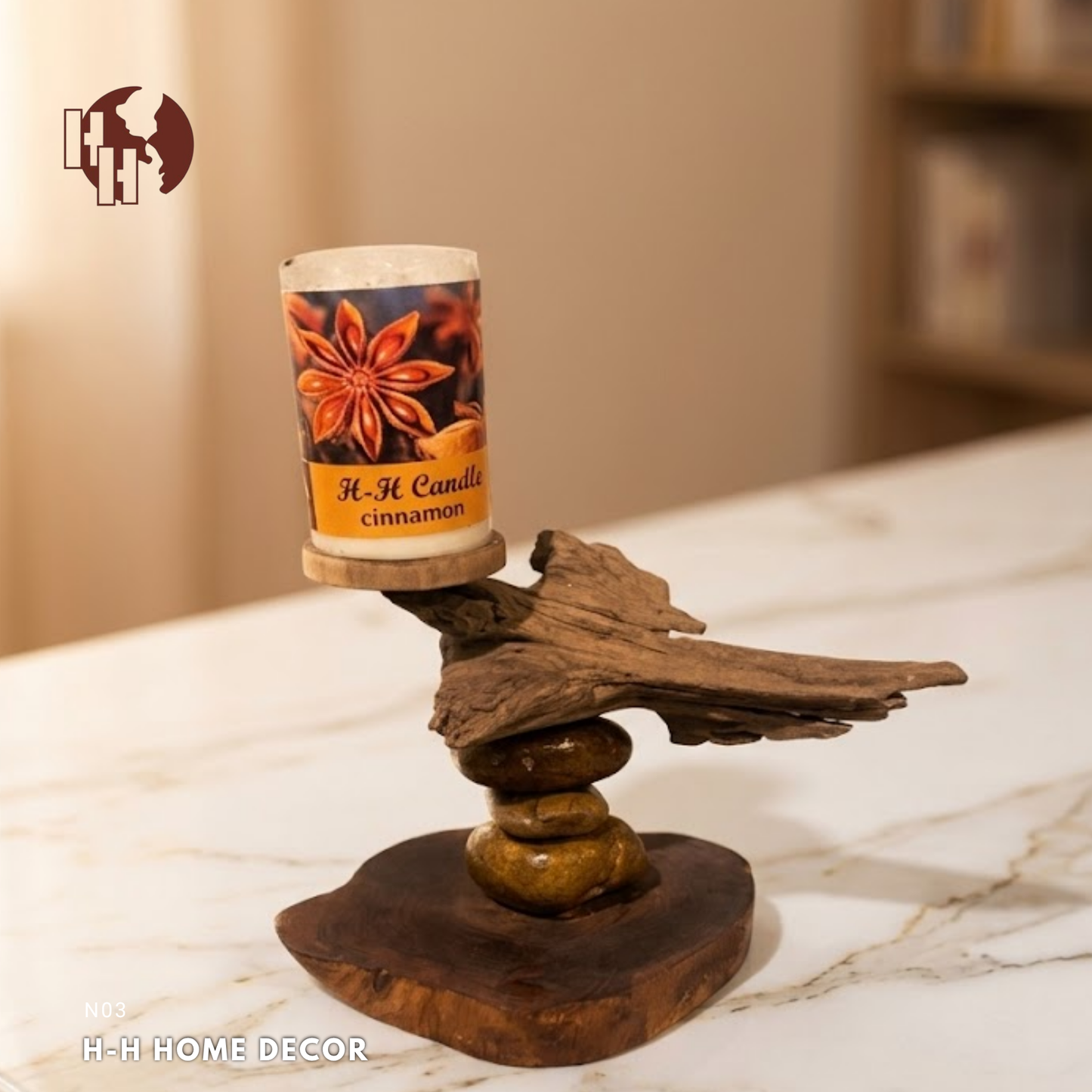 [N03] Rustic Driftwood & Zen Rock Candle Holder Set | H-H Candle Included