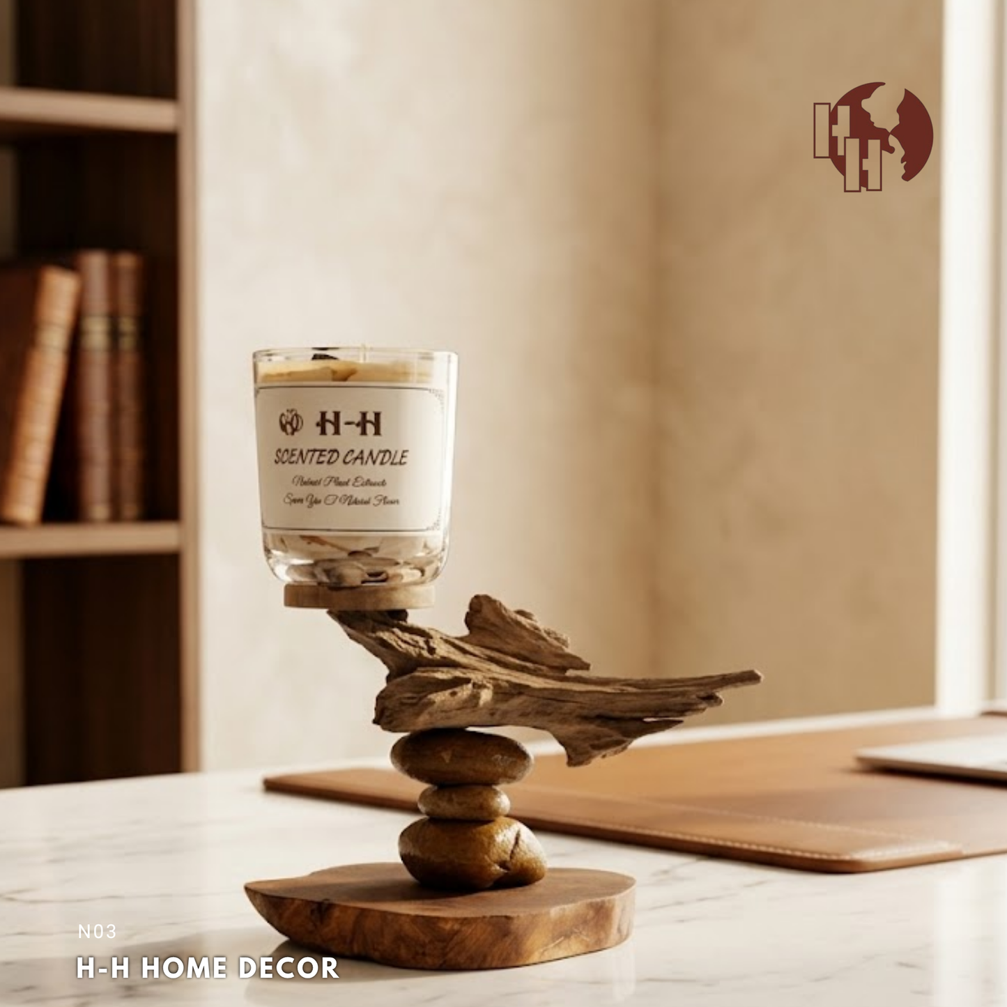 [N03] Rustic Driftwood & Zen Rock Candle Holder Set | H-H Candle Included